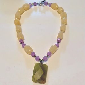 Statement Toggle Necklace - green, lavender, cream beads, stones, crystals